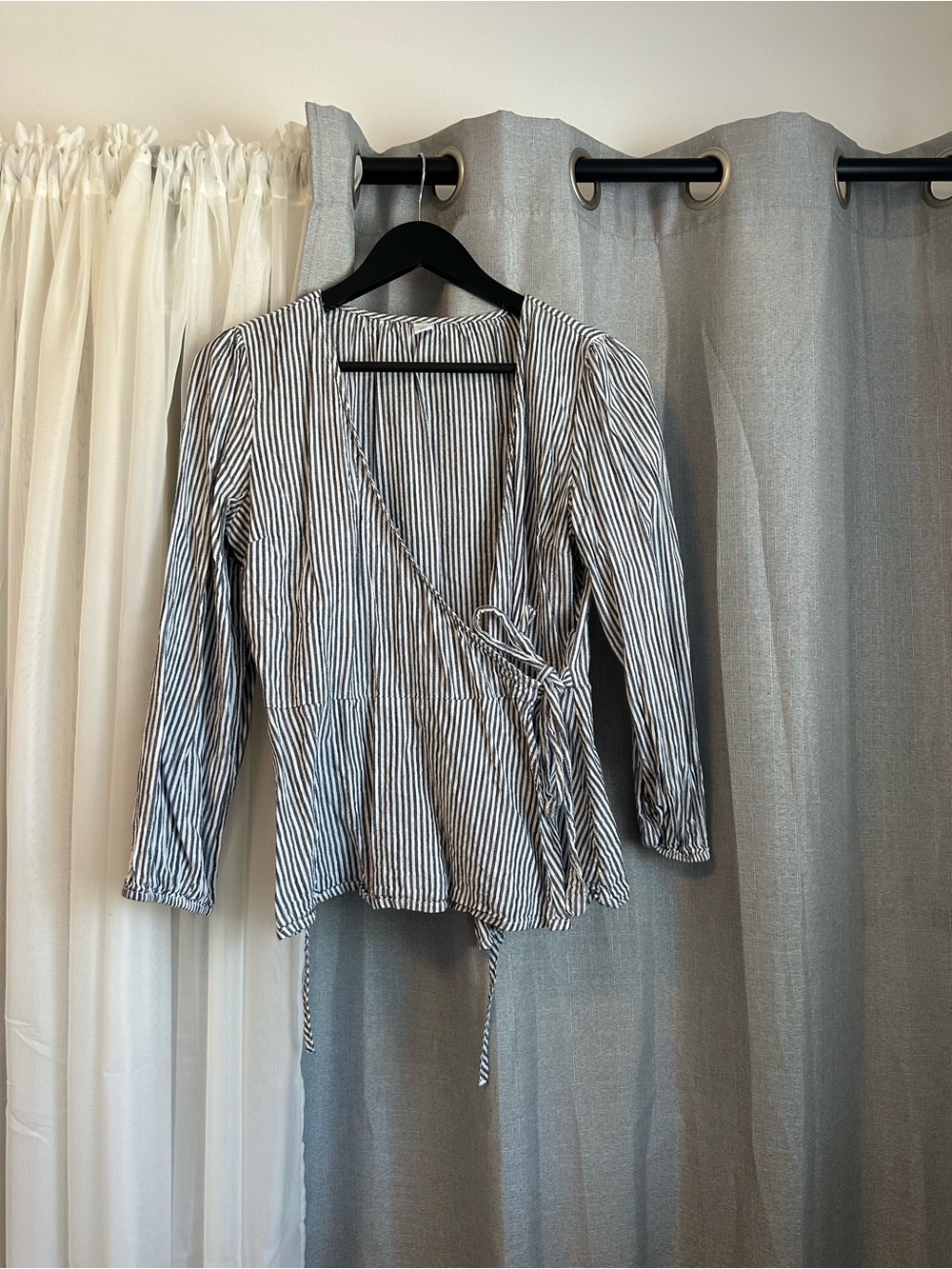 Old Navy Navy and White Striped Wrap Blouse